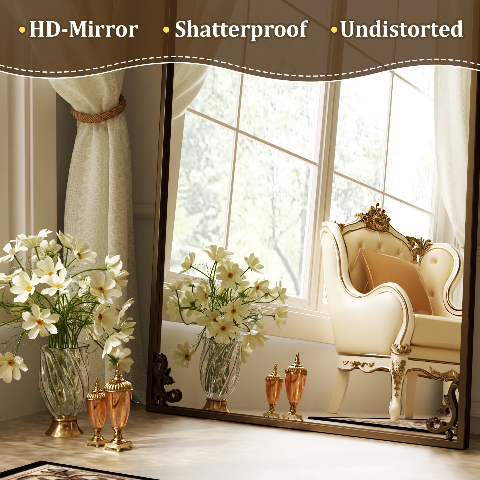 Easy4Home 73"x32" Vintage Arched Full Length Mirror Standing Floor Mirror with Baroque Style Carving Metal Frame, Antique Bronze
