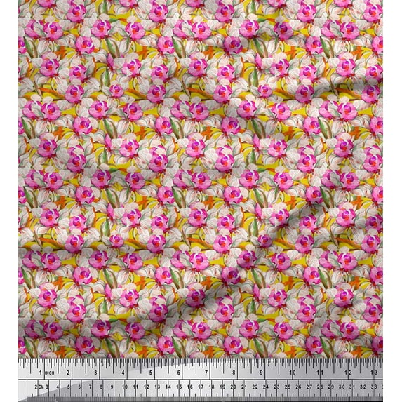 Soimoi Yellow Cotton Duck Fabric Leaves & Daffodil Floral Print Fabric by Yard 56 Inch Wide