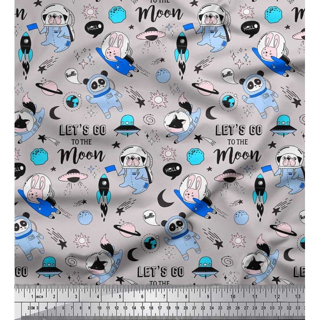 Soimoi Crepe Silk Fabric Planet,Rocket & Astronaut Animals Cartoon Print Fabric by Yard 42 Inch Wide