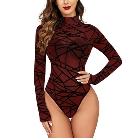 

dmqupv Petite Rompers for Juniors Women Mesh Bodysuit Long Sleeve Tops Jumpsuit Leotard off One Shoulder Tops for Women X-Large