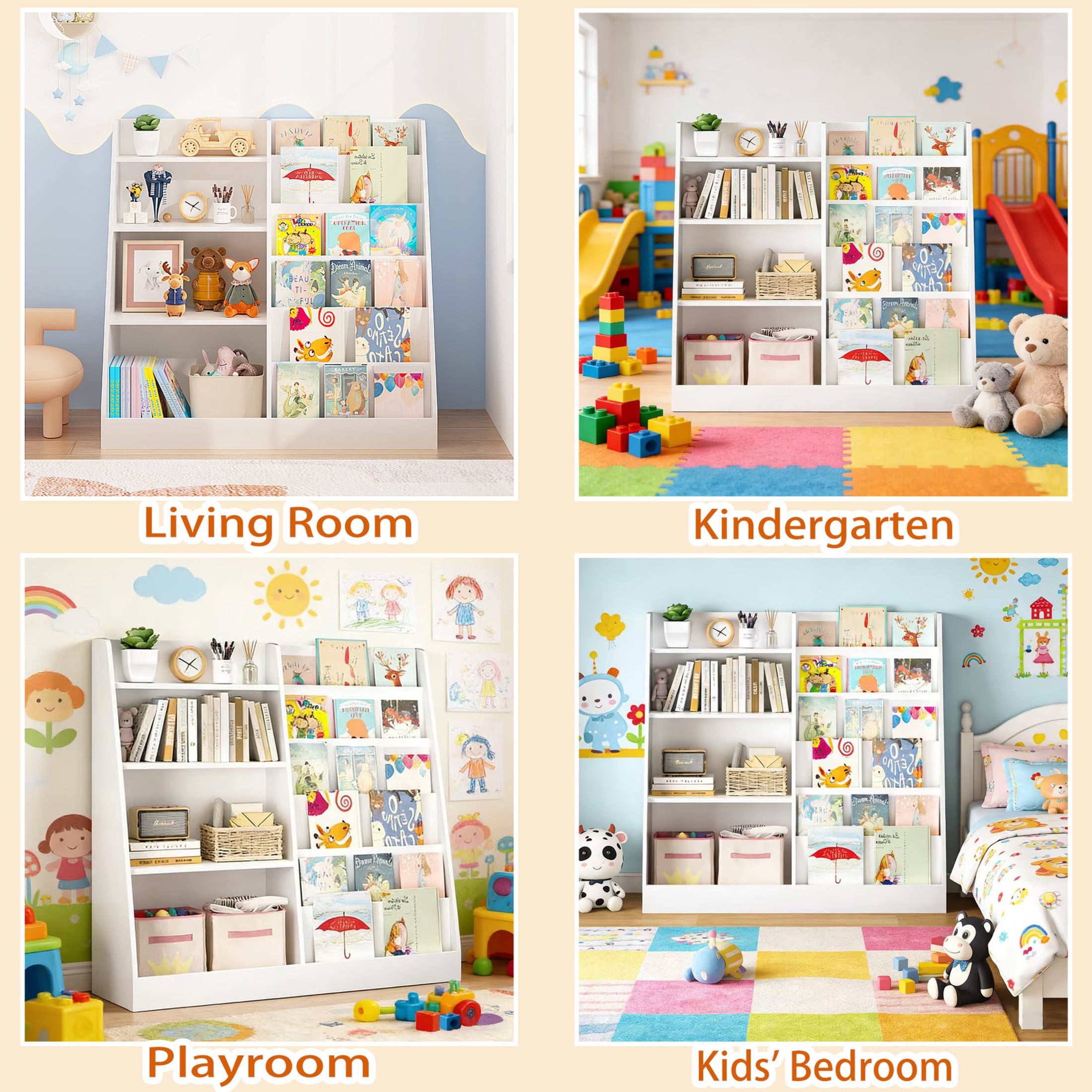 Noble House Kids Bookshelf and Toy Storage Organizer, 4-Tier Wooden Bookcase for Nursery, Playroom, White