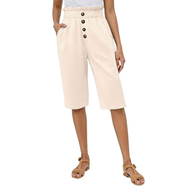Pantalones de mujer con cintura elástica de mezcla de lino liso - Pantalones informales holgados con bolsillos, S-XXL
