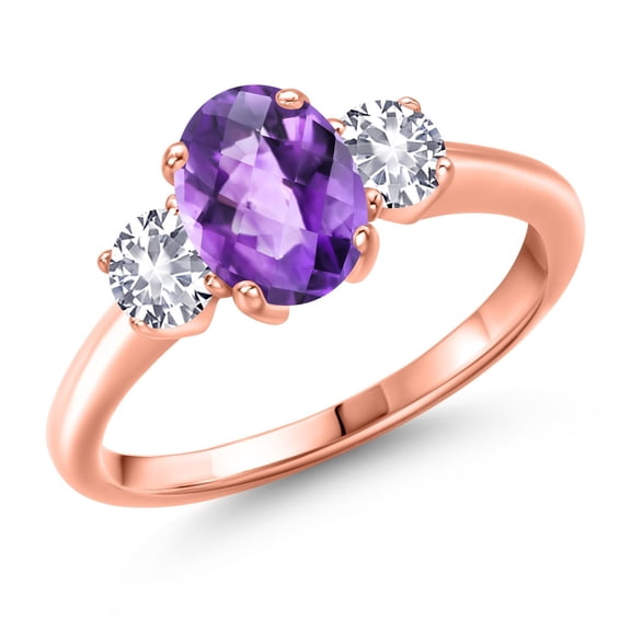Gem Stone King 1.70 Ct Oval Checkerboard Purple Amethyst White Created Sapphire 18K Rose Gold Plated Silver Ring
