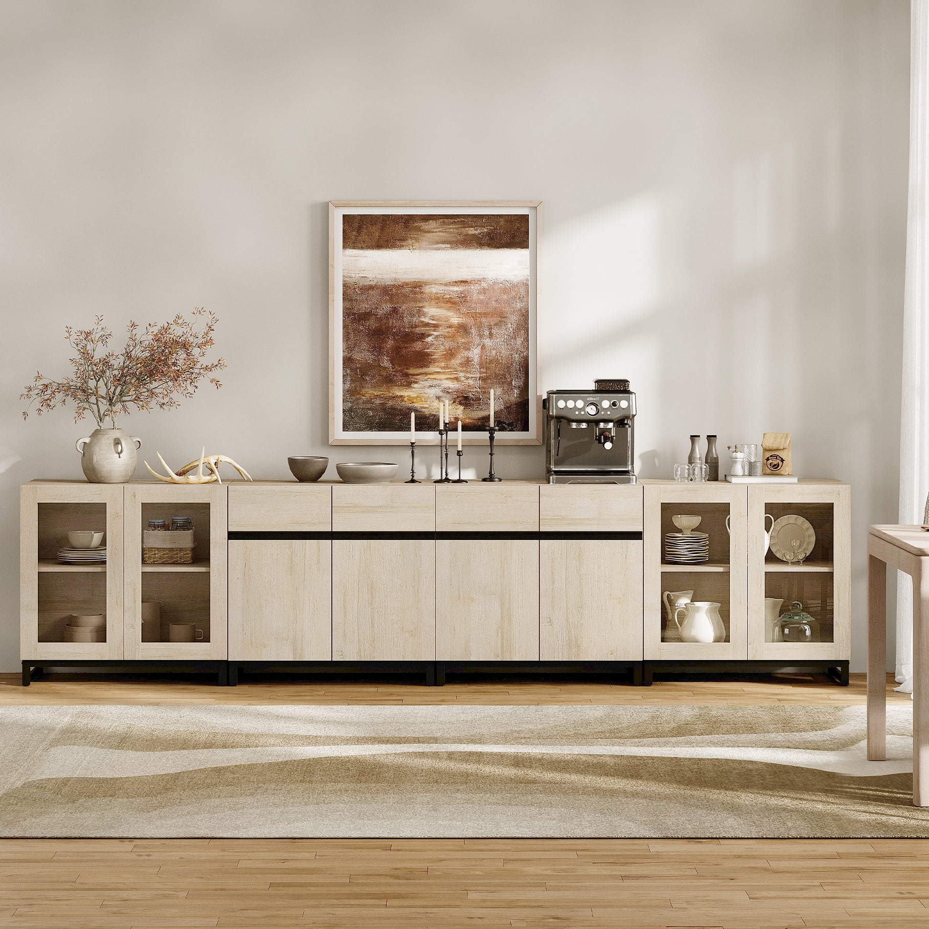 Modern Sideboard With Adjustable Shelves, 4 In 1 Storage Cabinet With Glass Doors, Coffee Bar Cabinet For Living Room, Kitchen,Dinning Room,Beige