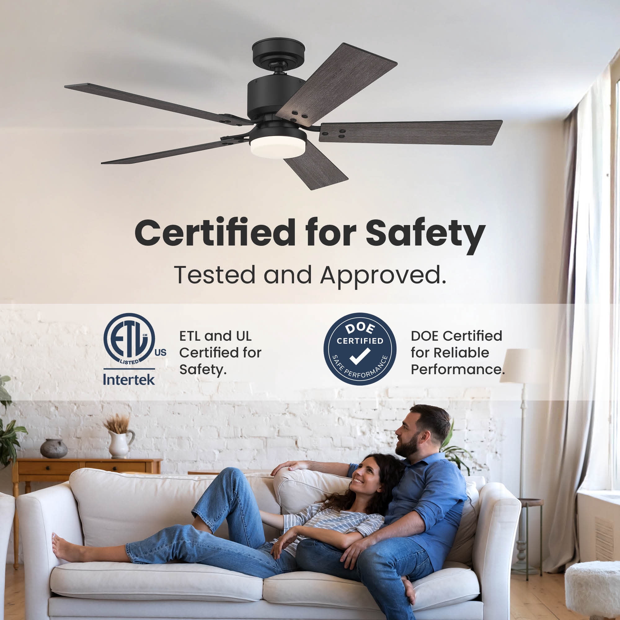 Matte Black 52 Inch 5 Blade Indoor Ceiling Fan, Ideal for Bedrooms and Living Rooms, Quiet DC Motor, LED Light with Remote, Eleve Comfort
