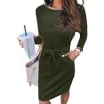 thumbnail image 4 of VSSSJ Women's Long Sleeve Casual Dresses Crew Neck Tie Waist Knee Length Daily Solid Color Comfy Loose T-Shirt Dress with Pockets Green S, 4 of 9