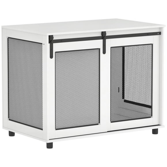 PawHut 39" Dog Crate Furniture with Sliding Barn Door, White