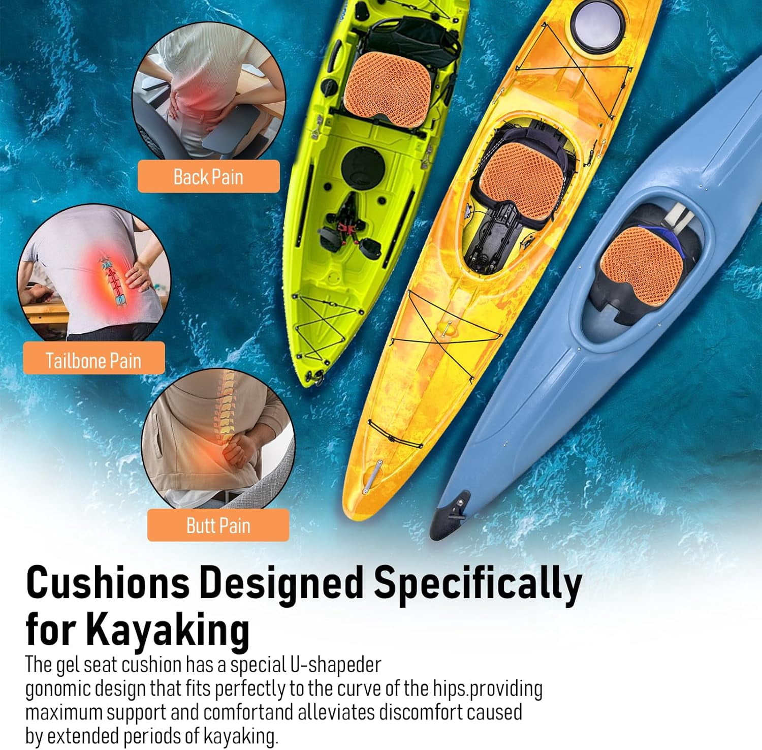 Kayak Seat Cushion, Thicken Anti Slip Waterproof Gel Kayak Seat, Portable Canoe Rowing Rubber Dinghy Pad for Stadium Sit in Kayak Inflatable Fishing Kayak Canoe Kayak Accessories