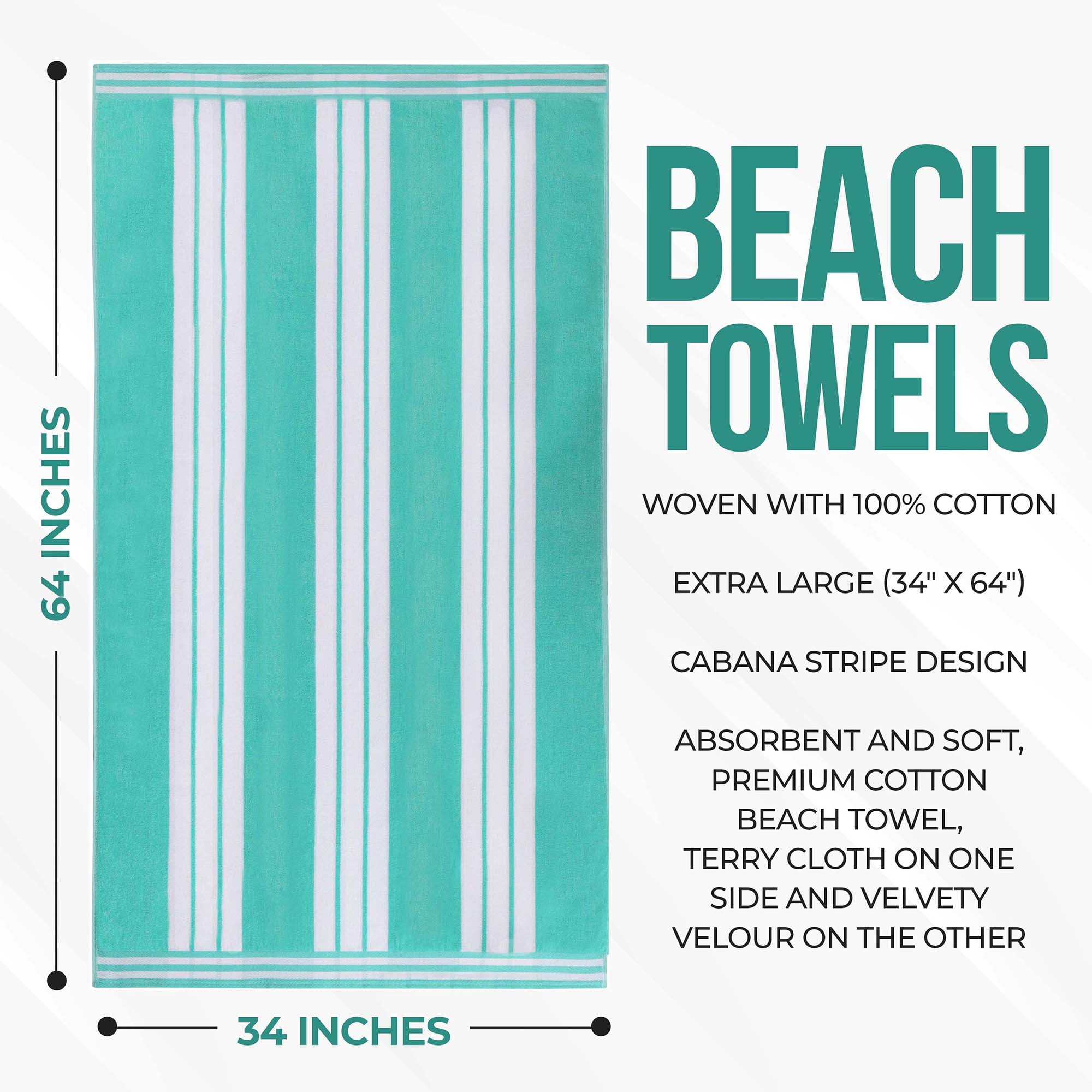 Superior Cotton Striped Oversized Beach Towel Set of 2, 34" x 64", Mint