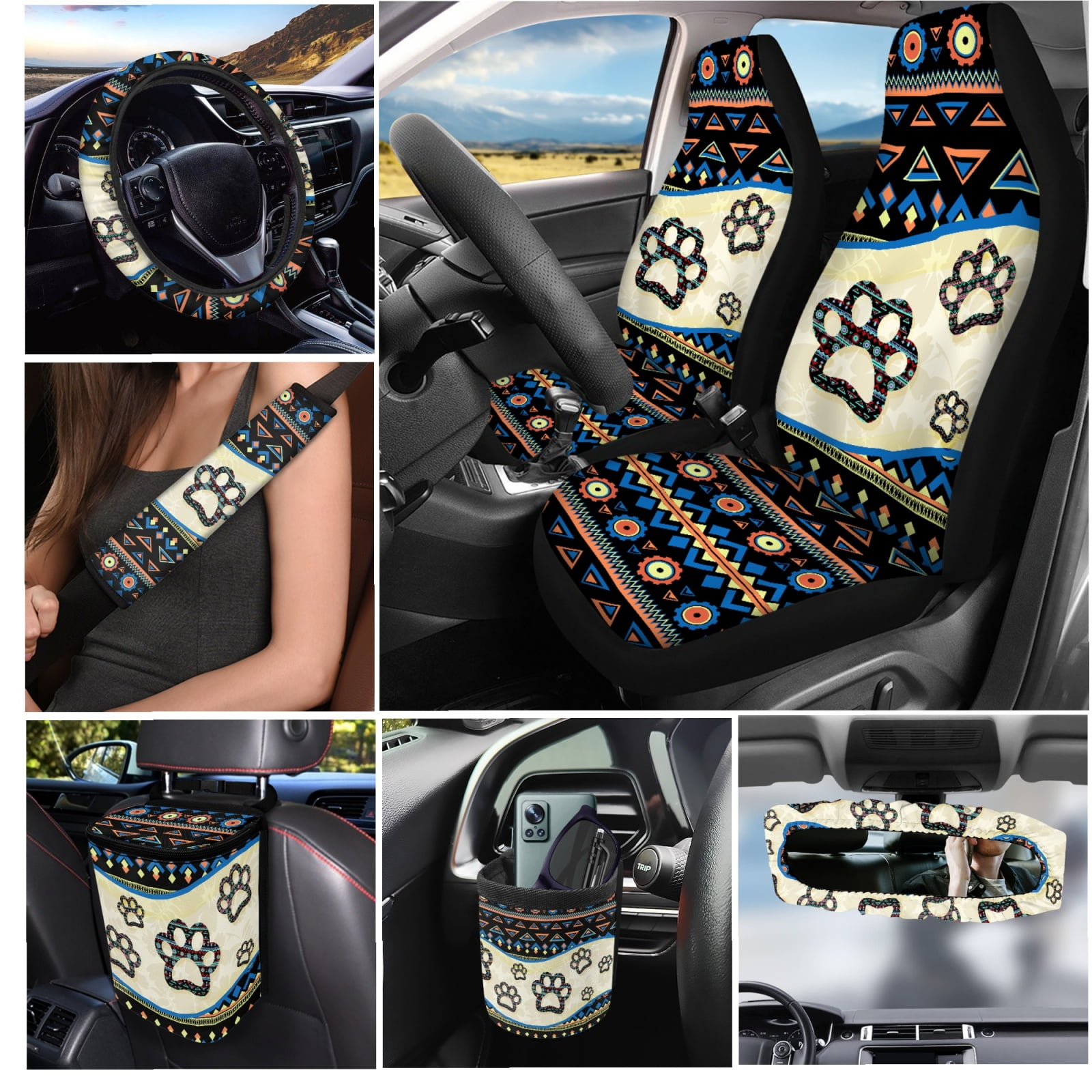 Yuyamidu 15 Piece Dog Paw Car Seat Covers Full Set Western Aztec Steering Wheel Cover Safe Belt Pads Trash Bin Rearview Mirror Cover Coasters Keychain Car Vent Organizer Car Decoration, 15 PCS