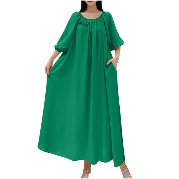 Oplxuo Women Oversized Maxi Dress Long Floor Length Dresses Casual Loose Baggy Crew Neck Summer Swing Beach Dress