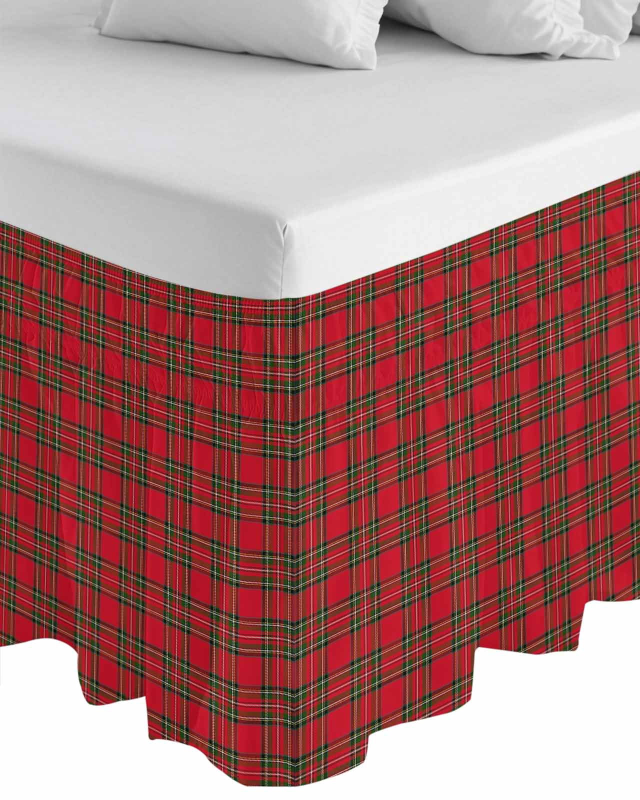 Christmas Red Bed Skirt King Size 16&nbsp;Inch Drop, and Green Buffalo Plaid Wrap Around Dust Ruffle Bedskirts, Wrinkle & Fade Resistant Easy Fit Bedskirt with Adjustable Elastic
