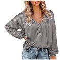thumbnail image 1 of Pompotops Ladies Solid Color V-Neck Lantern Long-Sleeved Button Casual Shirt Top, 1 of 8