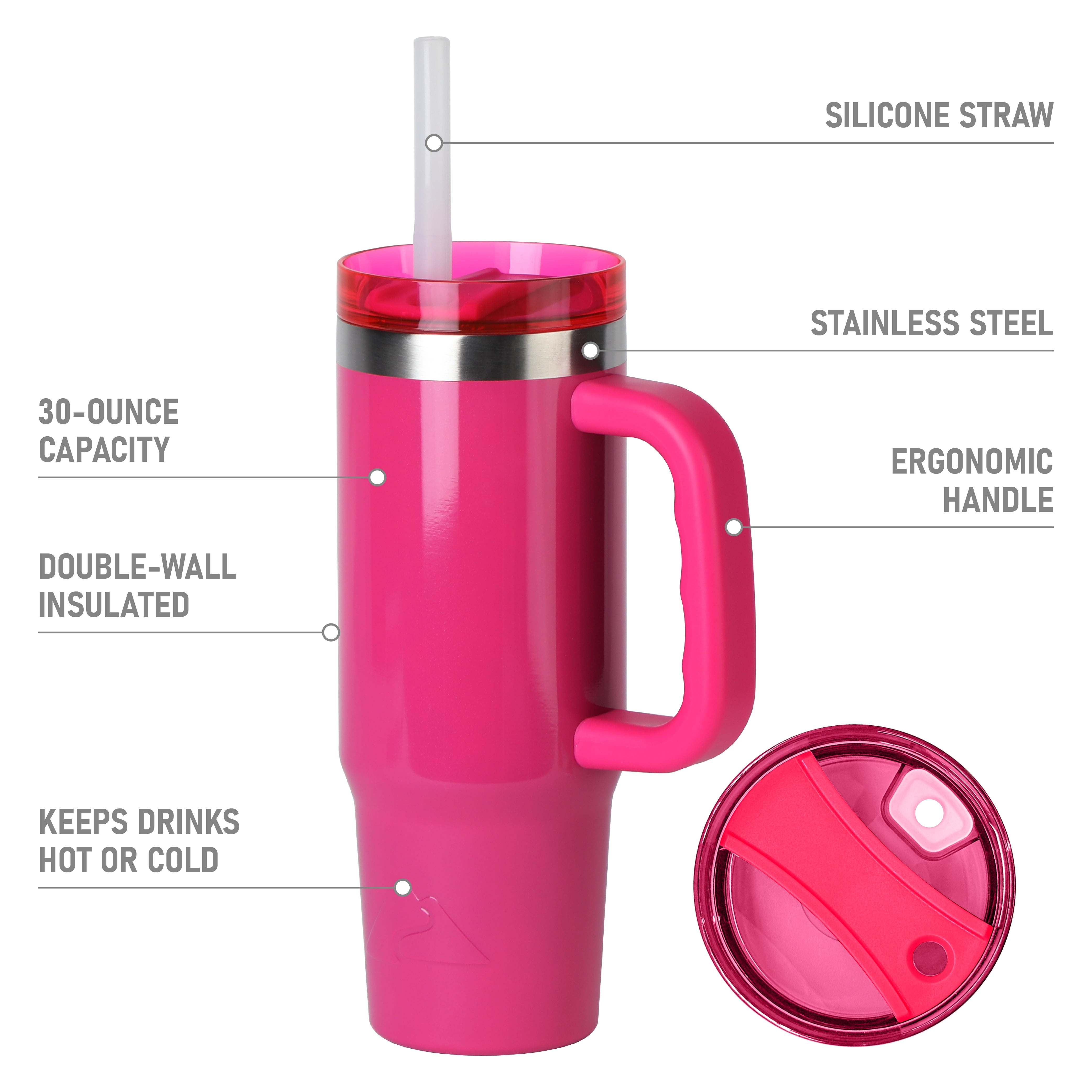 Ozark Trail 30oz Insulated Stainless Steel Tumbler with Handle,SHIMMER FUSCHIA BURST