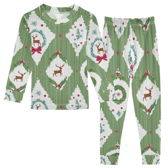joogoo Christmas Reindeer and Wreath 2 Piece Long Sleeve Tee and Pants Cotton Pajama Set 5Y
