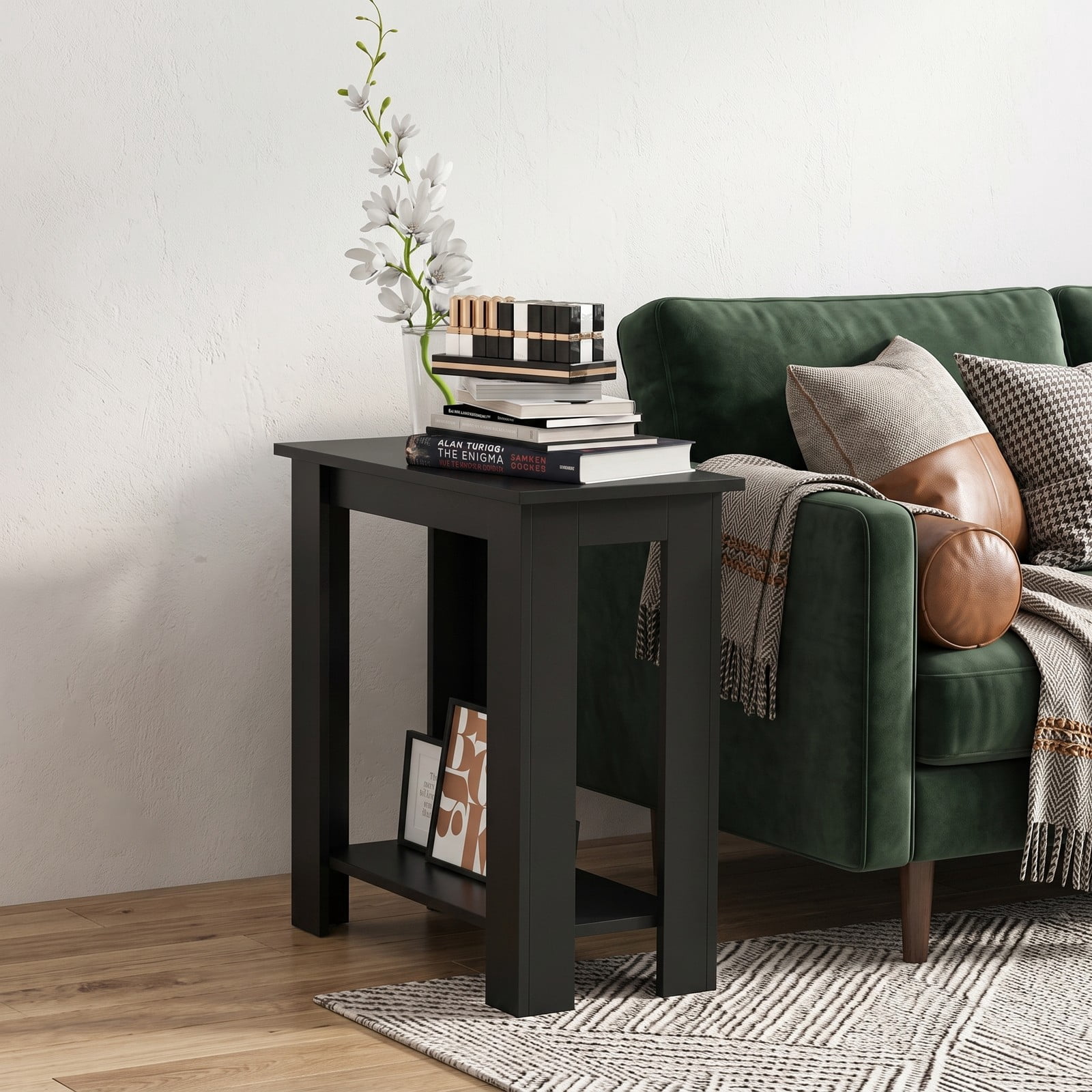 Furnibear 2-Tier Modern End Table with Storage Shelf, Compact Wooden Nightstand Sofa Side Table for Living Room Bedroom Small Spaces, Black