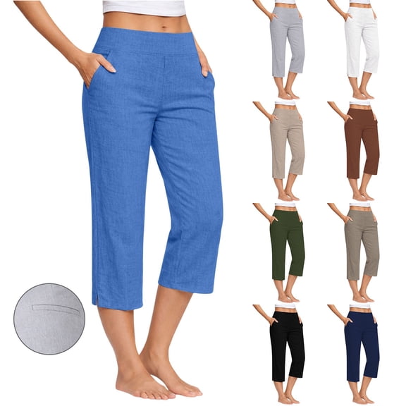 Ladies' Cotton Linen Seven Quarter Pants High Waist Casual Solid Color