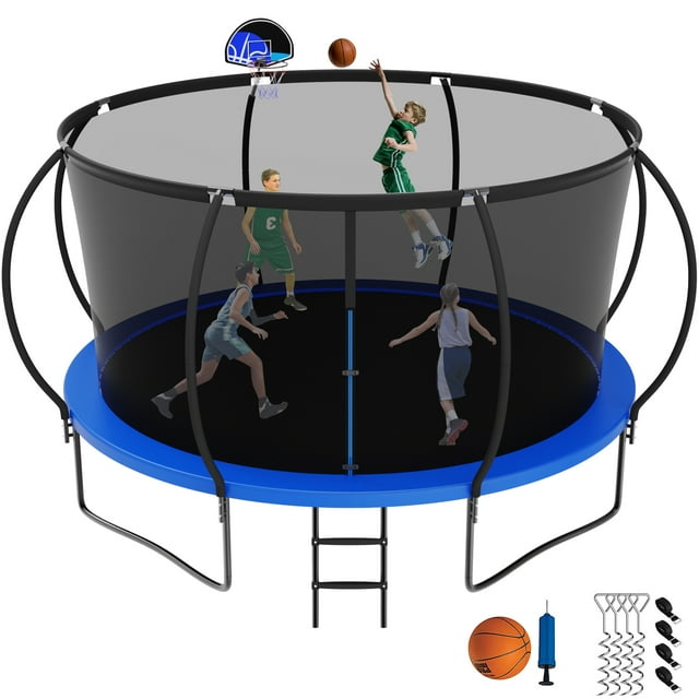 Jump Into Fun Trampoline 14FT, 1400LBS Trampoline for Adults Kids, Trampoline with Enclosure, Basketball Hoop, Wind Stakes & Ladder, Recreational Outdoor Heavy Duty Trampoline
