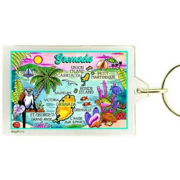 Grenada Map Acrylic Rectangular Souvenir Keychain 2.5 inches X 1.5 inches