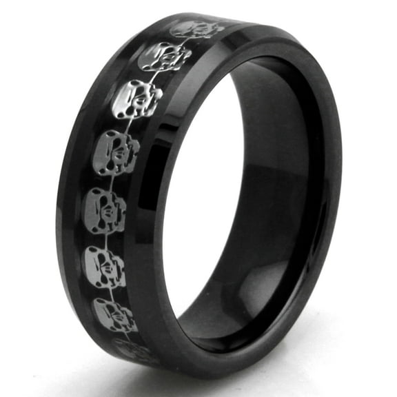 Tioneer Black Ceramic Carbon Fiber Skull Inlay Wedding Band Ring