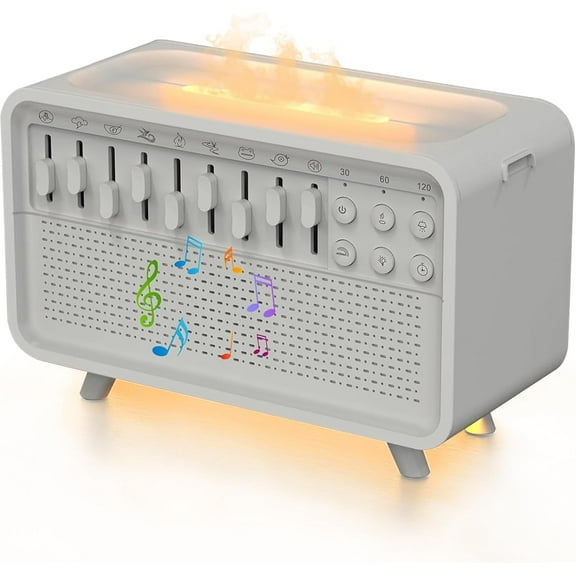 White Noise Sleep Sound Machine with 8 Nature Sounds Mixer Options Portable Bluetooth Speaker Night Light Flame Humidifier Timer Sleep Aid Sound Machine for Adult Sleeping Meditation Bedroom