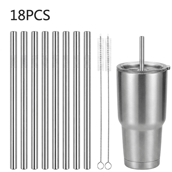 ROSEXIXI 18 Pcs Silver Drinking Straws 0.3 x 8.5in with Cleaning Brushes 304 Stainless Steel Reusable Straws for Iced Coffee & Cocktail
