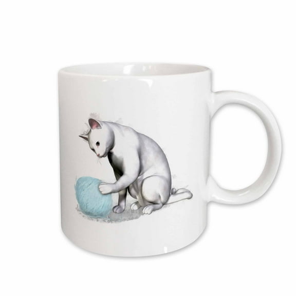 3drose, White Cat and Ball of Yarn, 11oz Mug