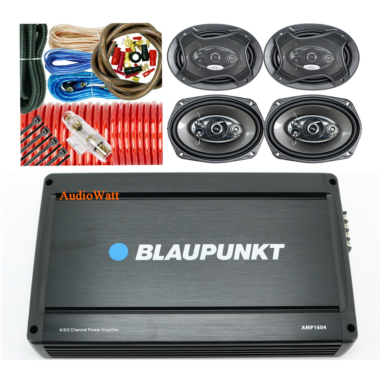BLAUPUNKT AMP1604 4 CH 1600W AMP + 4x SPEAKERS 6"x9" 1400W + 4 GA AMP