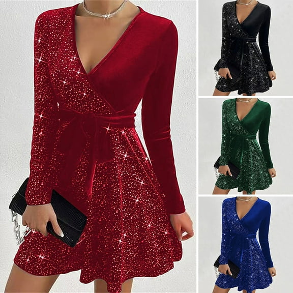 BAETEUY Women Dress V Neck Lace-up Tight Waist Sequin Decor A-line