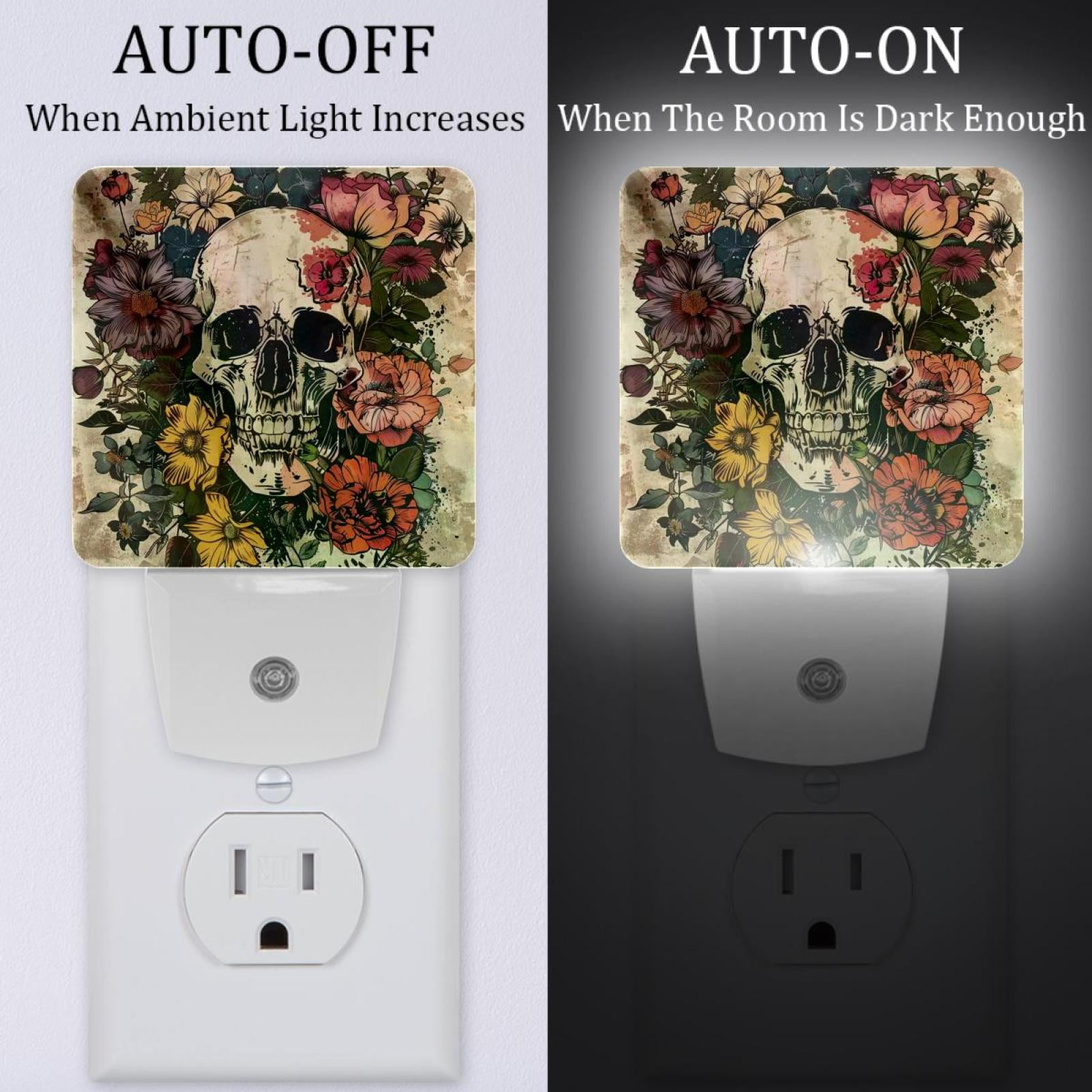 PhooArto Vintage Skull Flowers Plug in LED Night Light Auto Sensor Dusk to Dawn Decorative Night for Bedroom, Bathroom, Kitchen, Hallway, Stairs, Baby's Room, Energy Saving