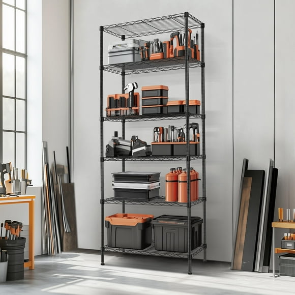 6 Tier Wire Shelf Rack, Garage Tool Storage Rack Wire Shelving, Adjustable Storage Shelves for Garage Kitchen Pantry Office(23.6" W x 13.7" D x 70.8" H)