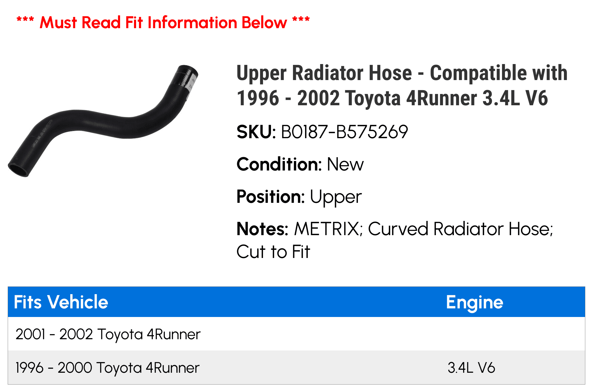 Upper Radiator Hose - Compatible with 1996 - 2002 Toyota 4Runner 3.4L V6 1997 1998 1999 2000 2001