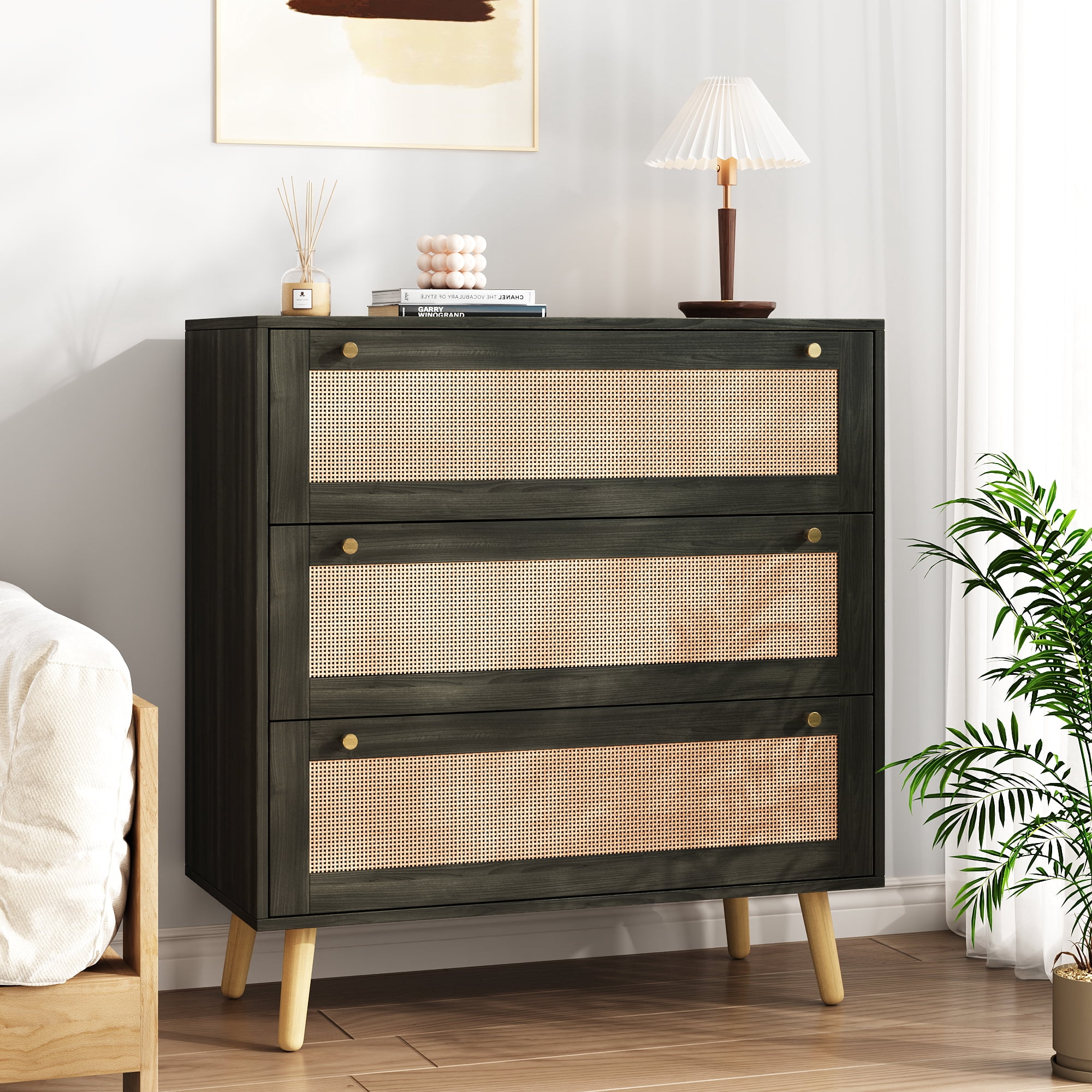 Dresser for Bedroom, 36'' Rattan Modern Chest of Drawers, 3 Drawer Storage Dresser, Closet Dressers with Golden Handles, Farmhouse Nightstand for Hallway, Living Room, Entryway