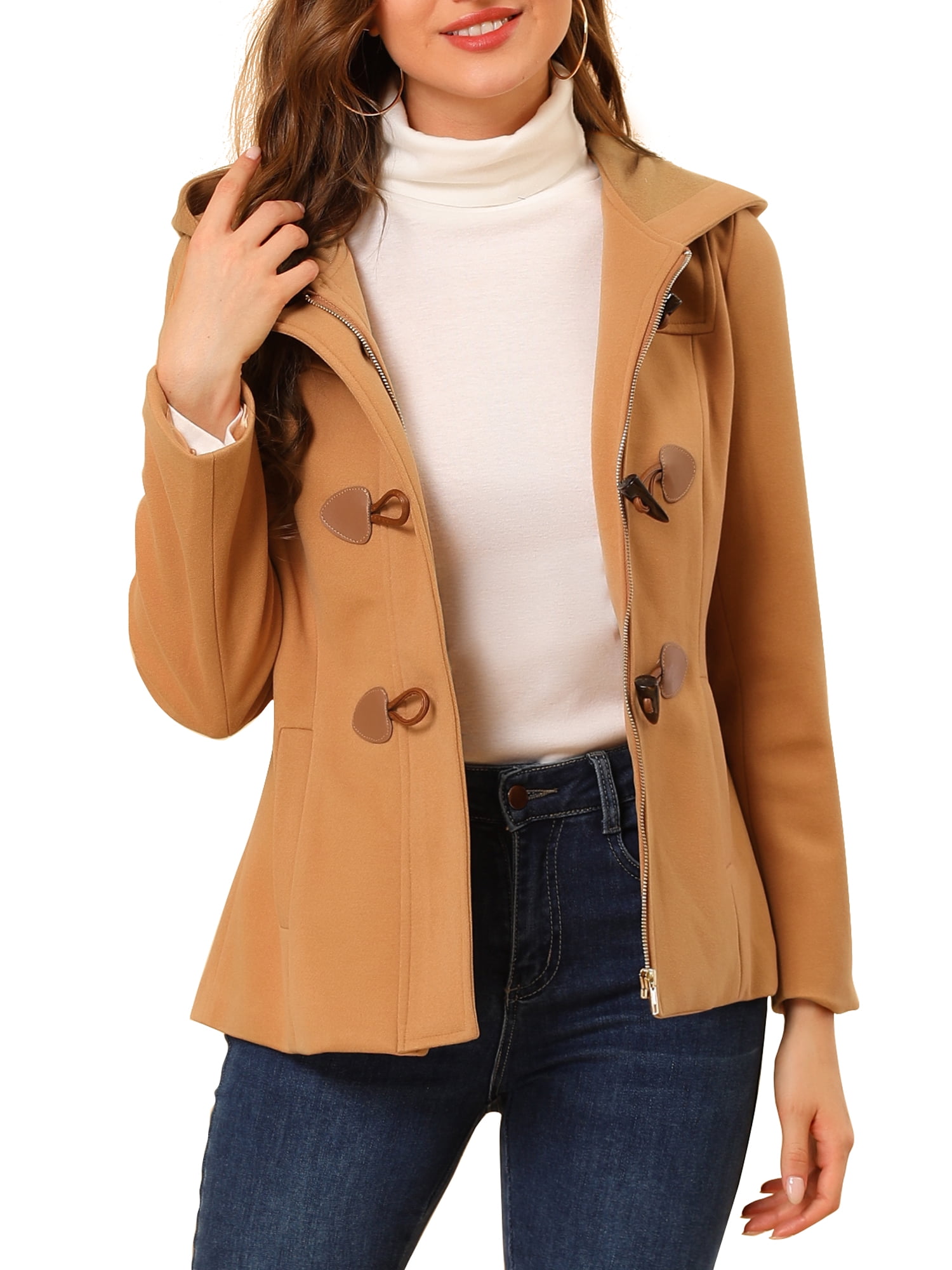 Allegra K Women's Toggle Duffle Coat Zipper Front Solid Cropped Hooded Pea  Coat