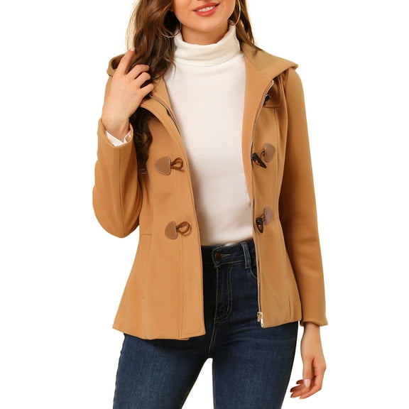 INSPIRE CHIC Women's Toggle Duffle Coat Zipper Front Solid Cropped Hooded Anorak XS Brown