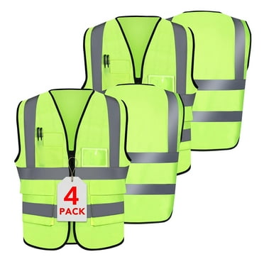 NAISHIER 5 Pockets Class 2 High Visibility Zipper Front Safety Vest With Reflective Strips, Meets ANSI/ISEA Standard, Large, 4Pack
