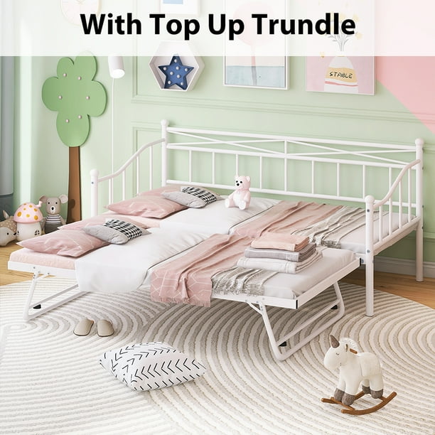 Sesslife Metal Daybed With Adjustable Trundle Twin Size Pop Up Bed Heavy Duty Sofa Portable Folding For Bedroom Living Room White Com Twin Size Pop Up Trundle Bed, Do Trundle Beds Pop Up