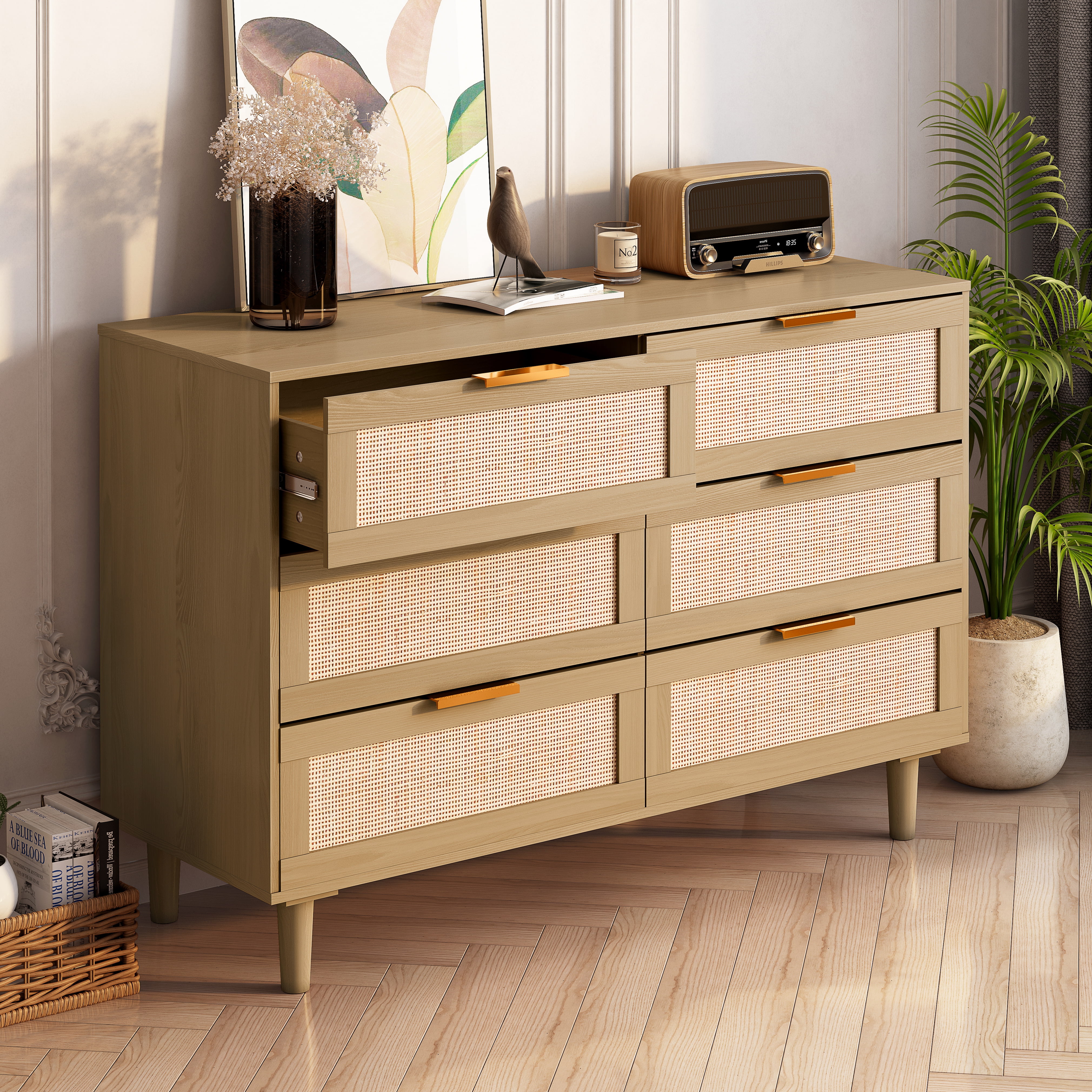 Resenkos Modern Rattan Dressers for Bedroom, 6 Drawer Dresser