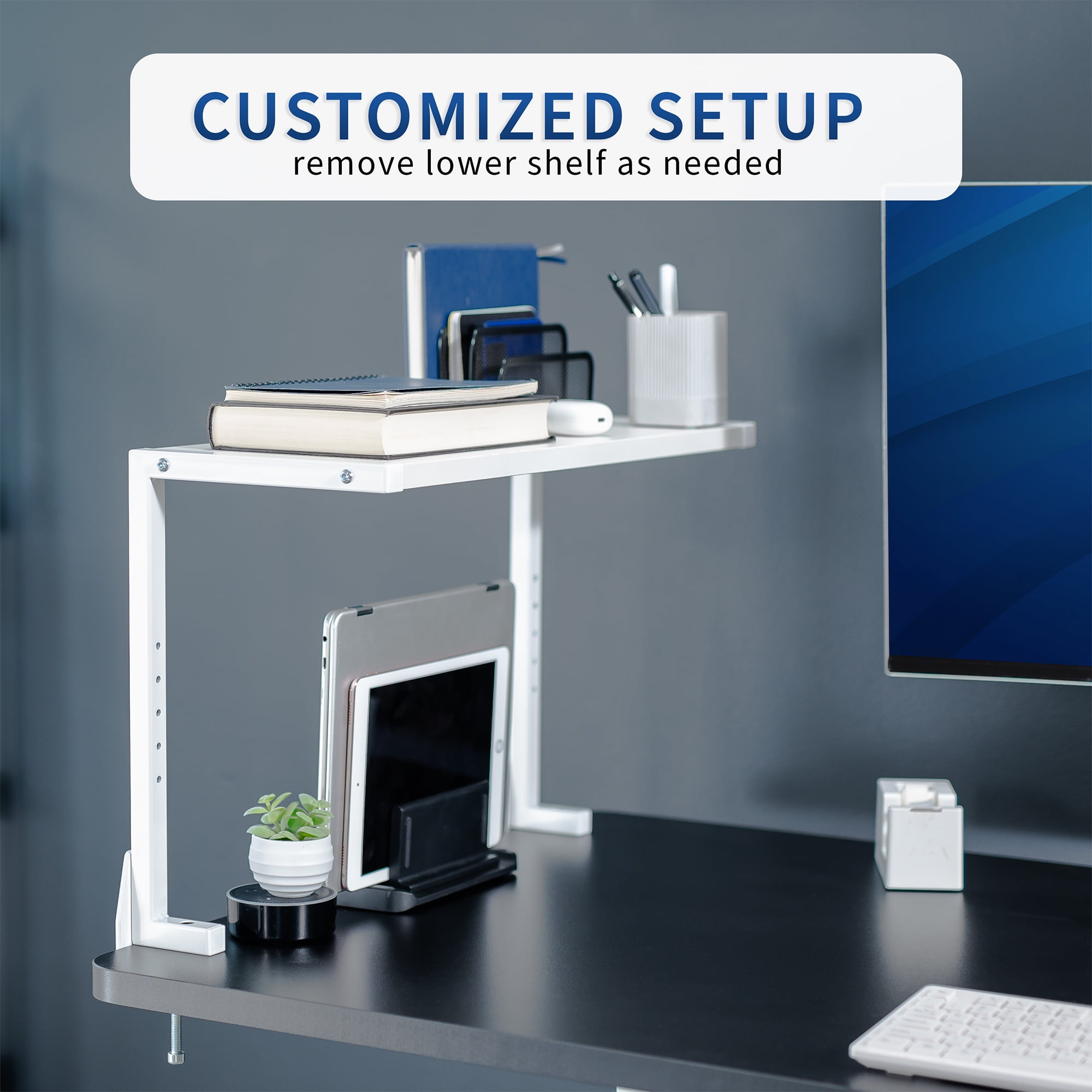 VIVO White Clamp-on 24" Above or Below Desk 2-Tier Shelving Unit, Desk Organizer