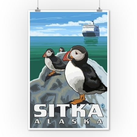 Sitka, Alaska - Puffins & Cruise Ship - Lantern Press Artwork (9x12 Art Print, Wall Decor Travel