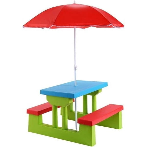 Colourtree Kids Picnic Table, Kids Outdoor Table and Chairs with Removable and Adjustable Umbrella, Kids Bench Table Indoor, Portable Toddler Picnic Table for Patio, Backyard, Garden (Red & Green)