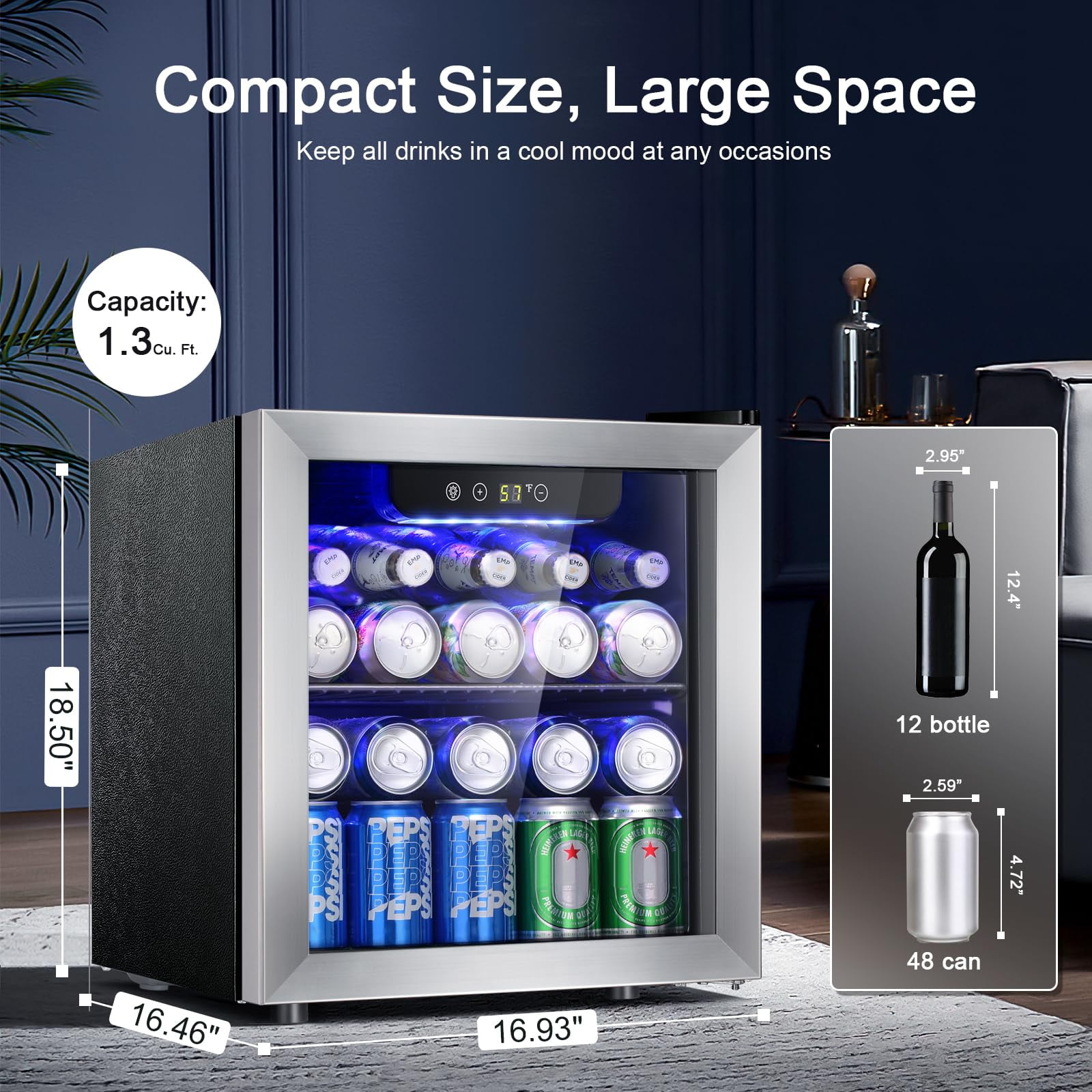 Auseo 55Cans Mini Fridge Cooler, Beverage Refrigerator Cooler with Stainless Steel Glass Door & Adjustable Leveling Legs, Home/Bar/Office