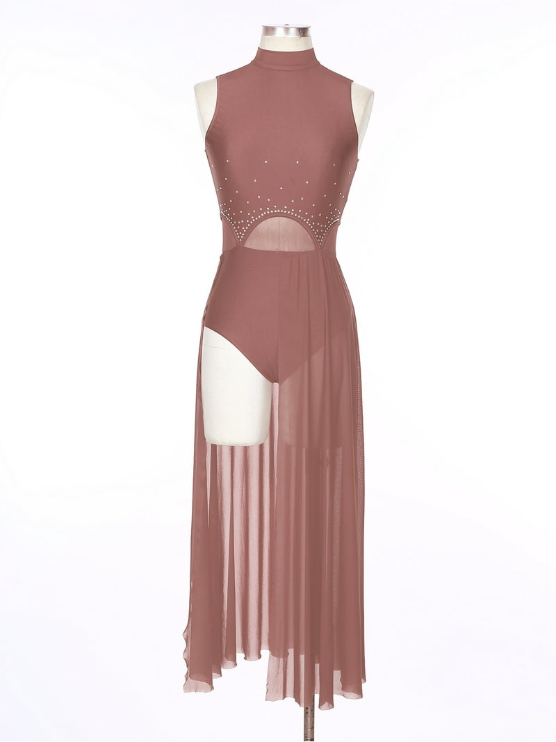 brown dance dress YEAHDOR Womens Modern Contemporary Costume Mesh Sheer Lyrical Dance Rhinestone Dancewear A Light XL 240423_new_in Max Studio Woman's Large Size:XXSMALL nighter occasions.
