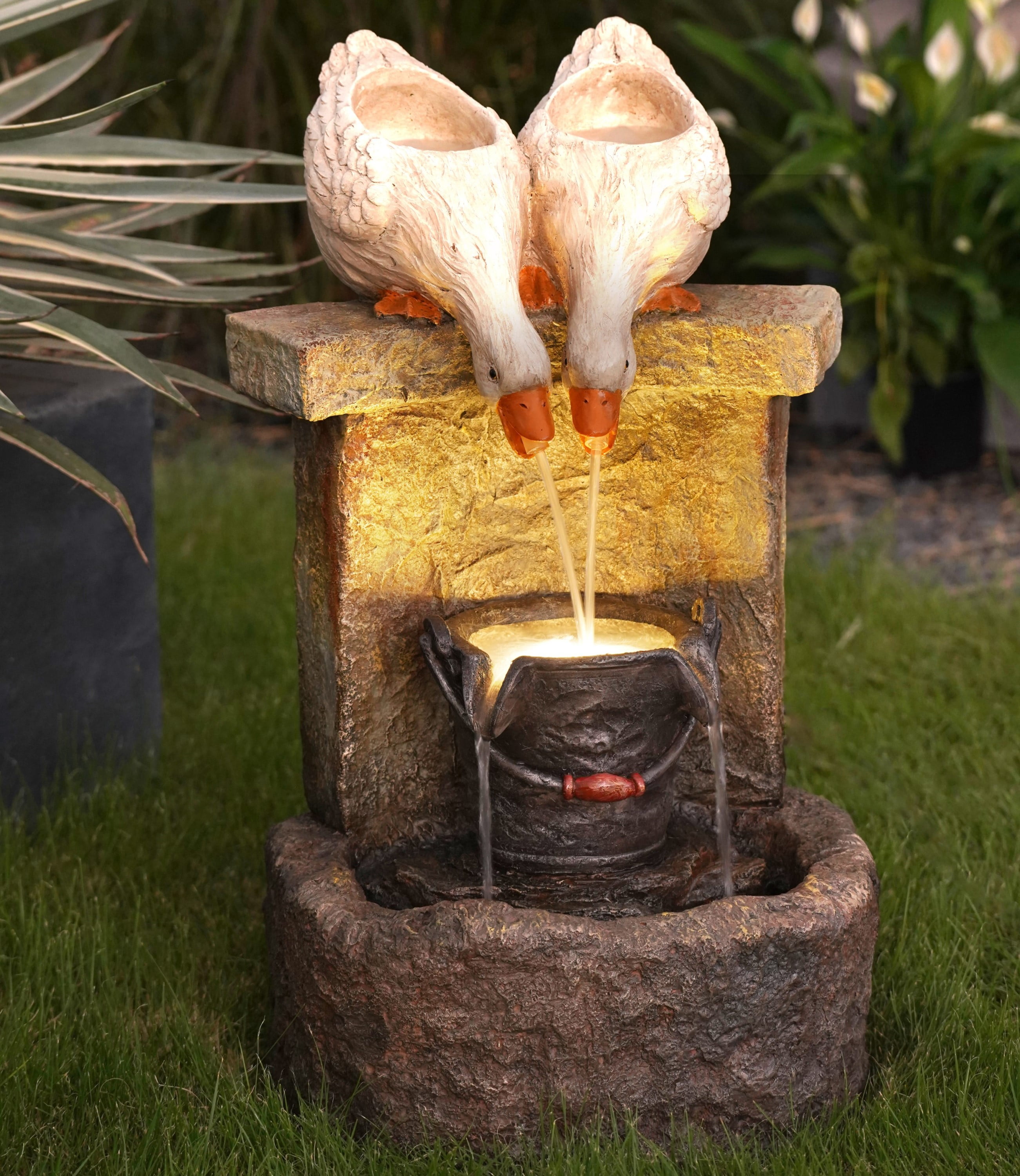 LuxenHome Resin Ducks Outdoor Fountain with LED Light