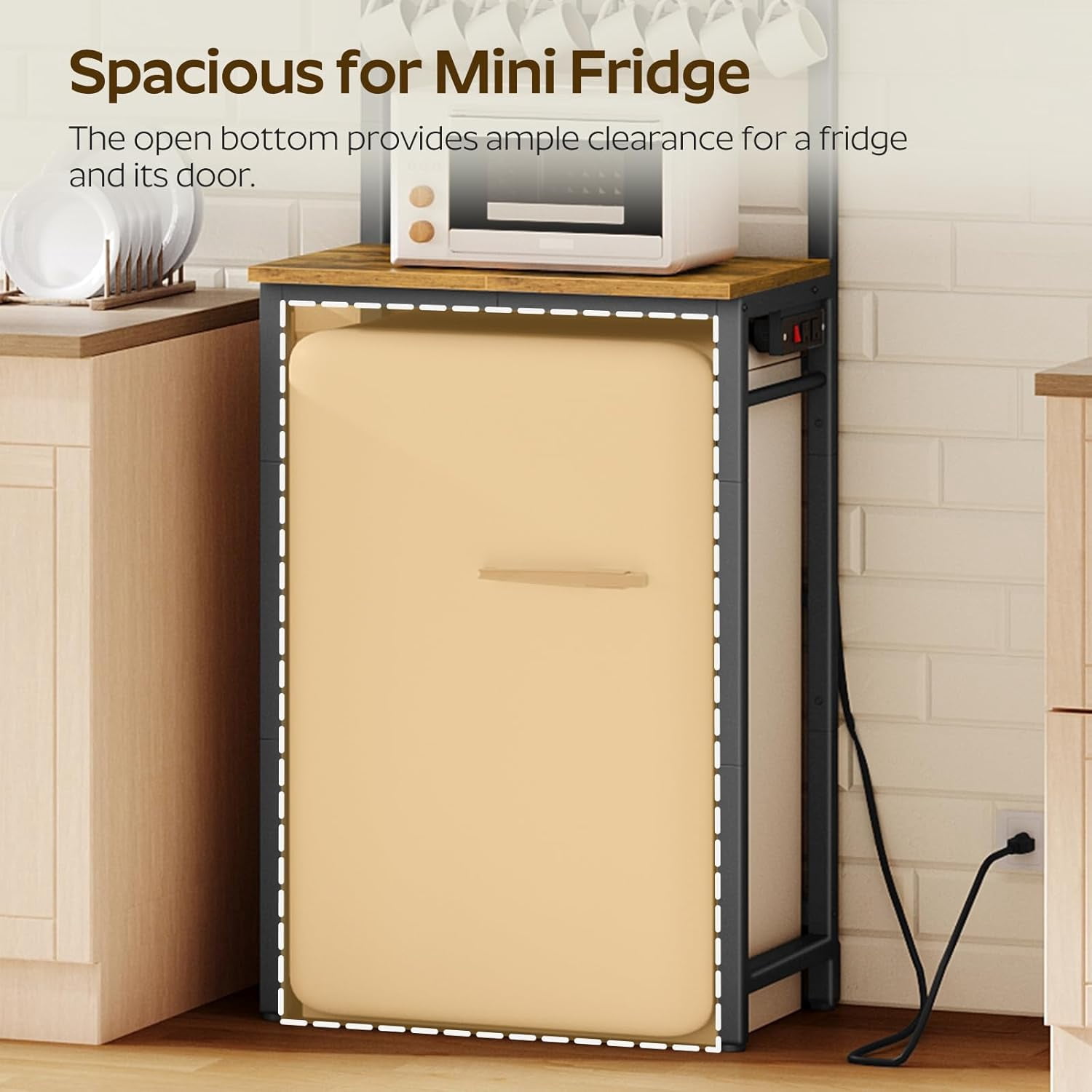 Bakers Rack with Mini Fridge Stand 57.5" H, Microwave Stand with Charging Station Coffee Bar with 8 Hooks X‑Shaped Brace Rustic Brown