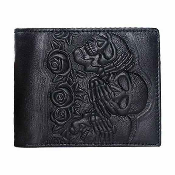 TAZAG Sculpture Rose Skull Leather Wallet Horizontal and Vertical Business Wallet Men's Short Wallet