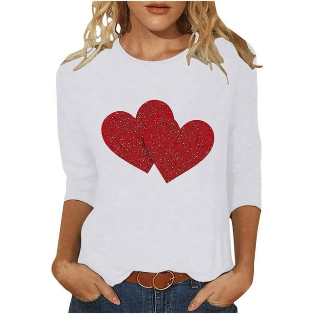 TINZ Mode Femme Saint-Valentin Imprimé Col Rond Manches Trois-Quarts T-Shirt Décontracté Haut Femmes T-Shirts et Hauts Femmes T-Shirt Rayé Été Chemises Femmes