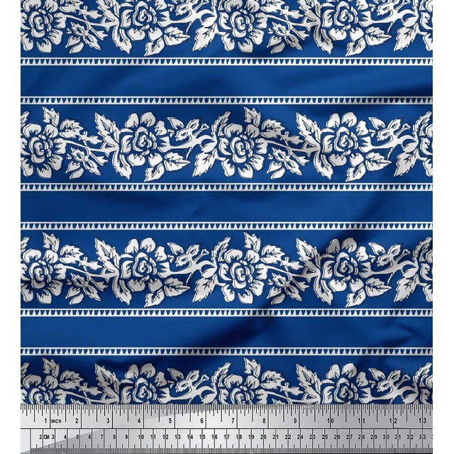Soimoi Polyester Crepe Fabric Leaves & Floral Block Printed Fabric 1 Yard 52 Inch Wide