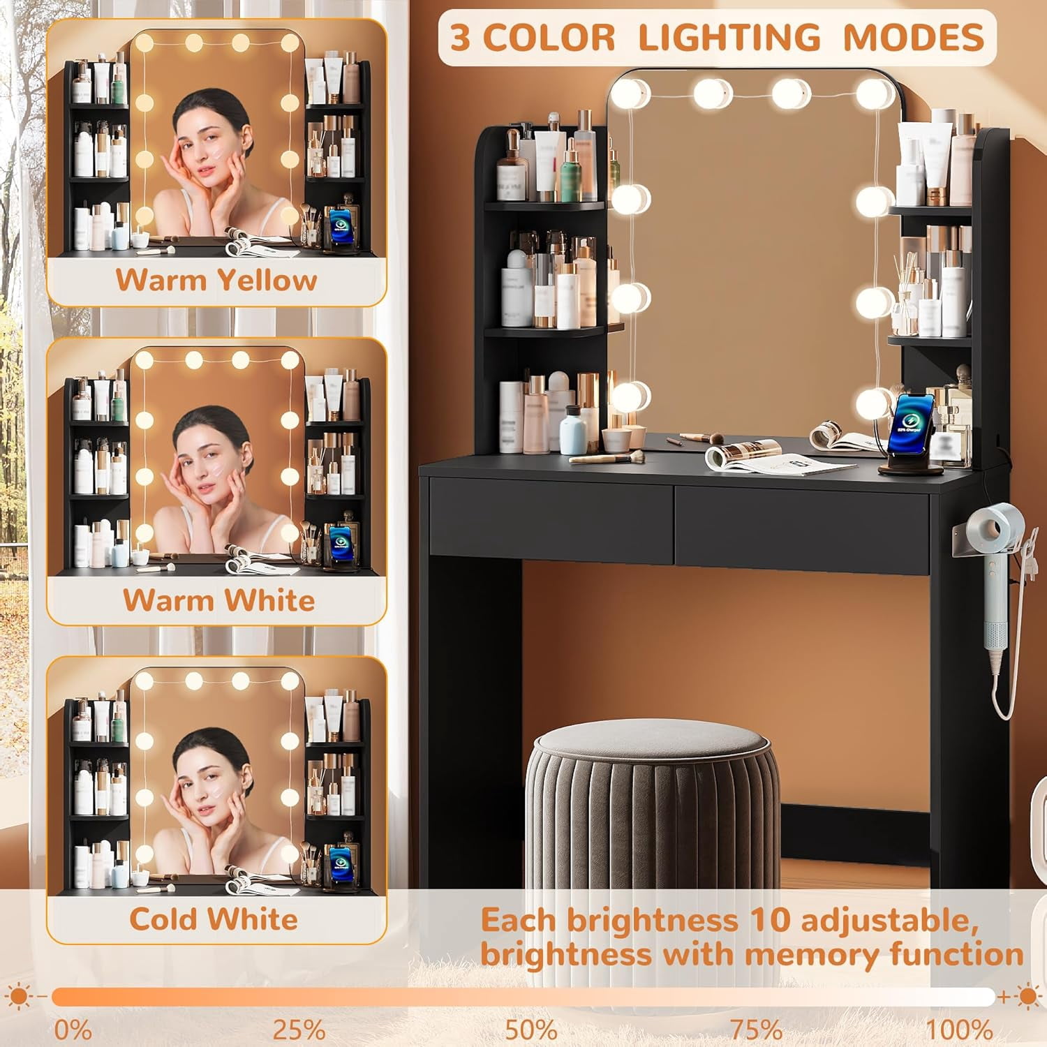 Black Small Vanity Desk with Lighted Mirror and Power Outlet, Pipleo 31.5" Makeup Table with 2 Drawers & 6 Storage Shelves, Women Girls Vanity for Small Space, Easy Assembly