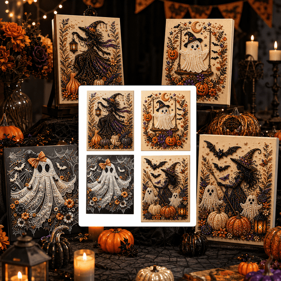 Halloween Pearl Art DIY Kit, Pearl Diamond Art Kit for Adults, 3D Halloween Bead Painting Craft with Ghost Witch Pumpkin Design, DIY Wall Art Decoration, Style A